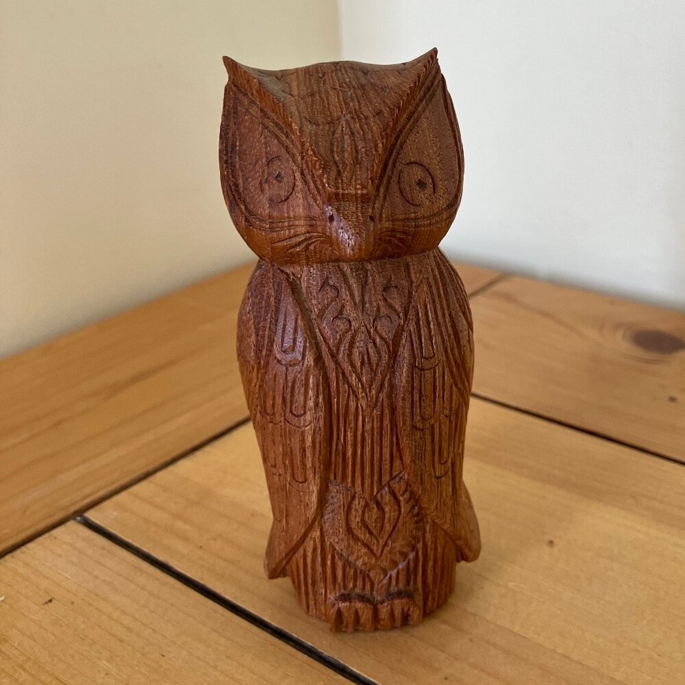 Mandala Owl Carved Wooden Figurine Small Decorative Bird Figure 4" Tall